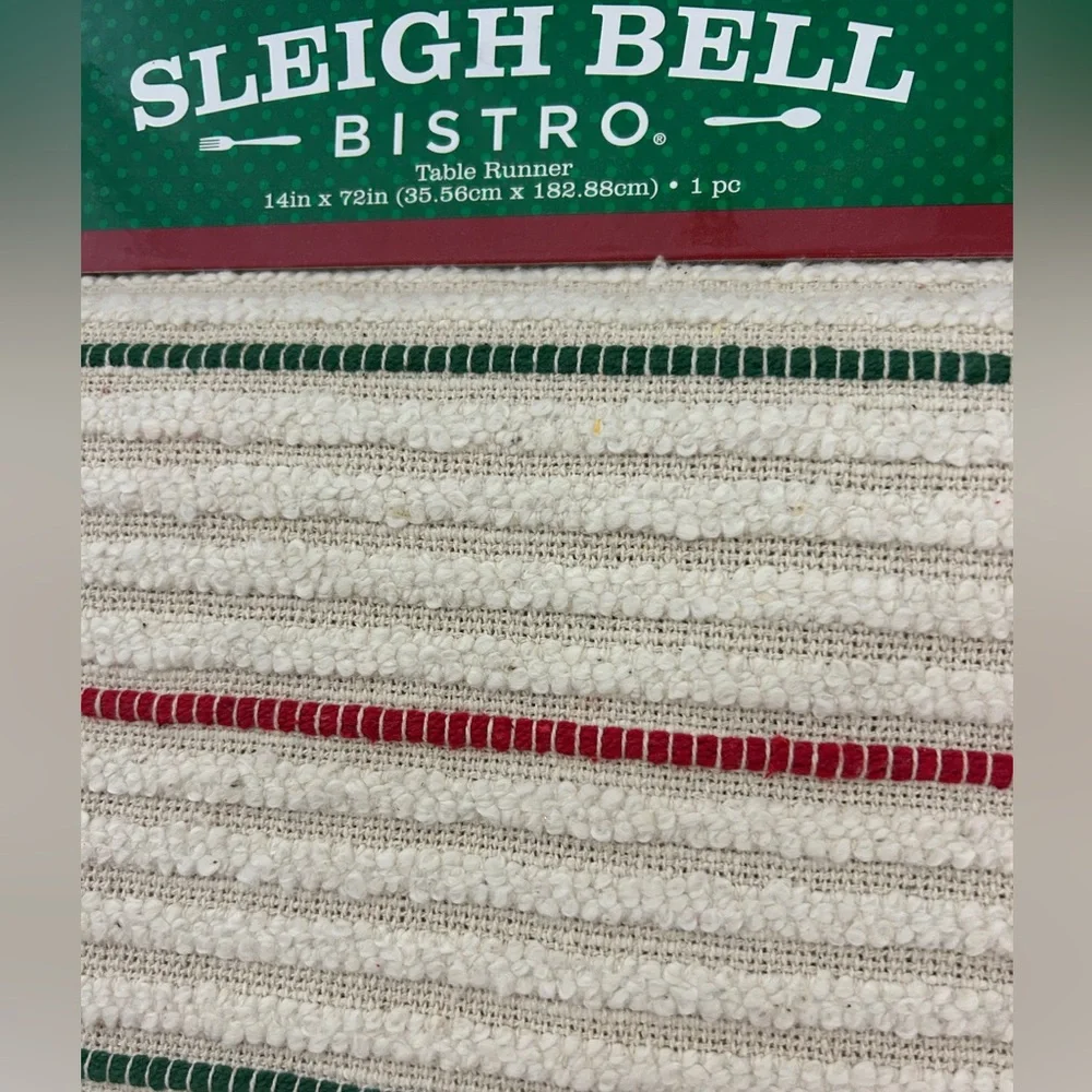 Sleigh Bell Bistro Christmas Table Runner Cream Red Green Stripe Farmhouse NEW